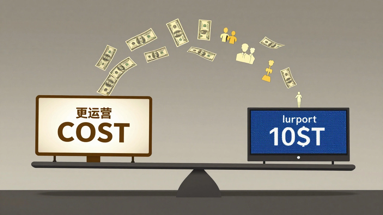 A balance scale comparing low-cost and premium ad locations with demographic icons.