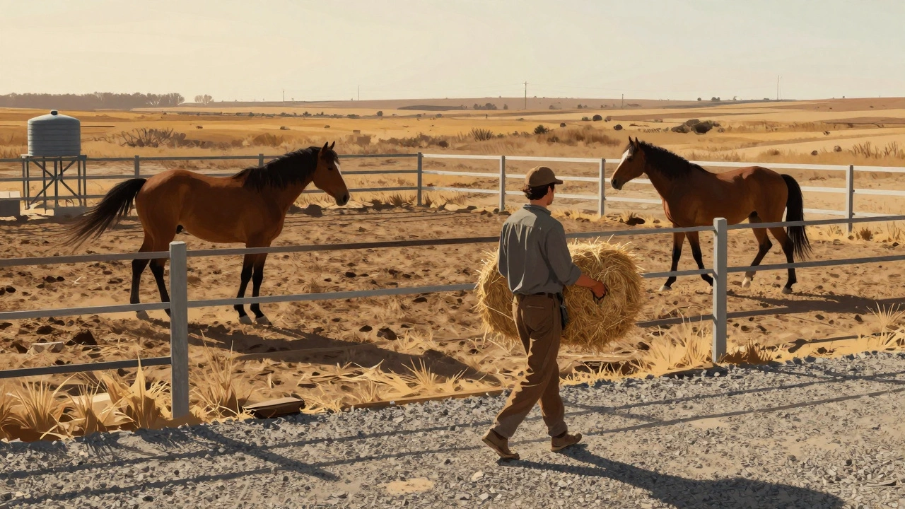 A horse owner walking in a dry lot with hay and two horses, near a water tank under golden hour light.