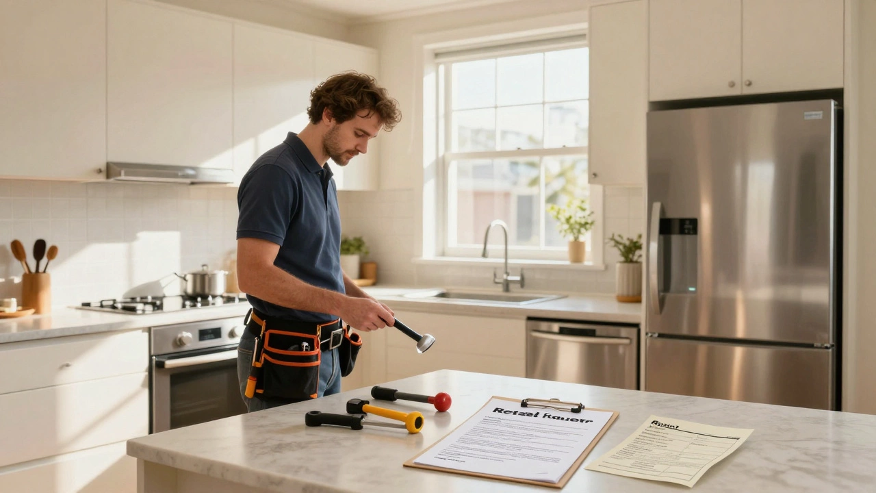 A landlord inspecting a renovated kitchen in a rental property, tools and rent check on the counter, sunlight streaming in.