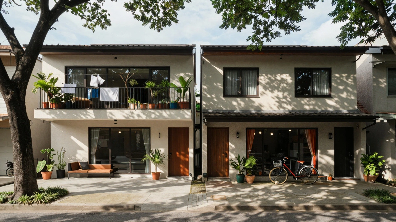 A side-by-side duplex with two separate entrances in a quiet neighborhood.