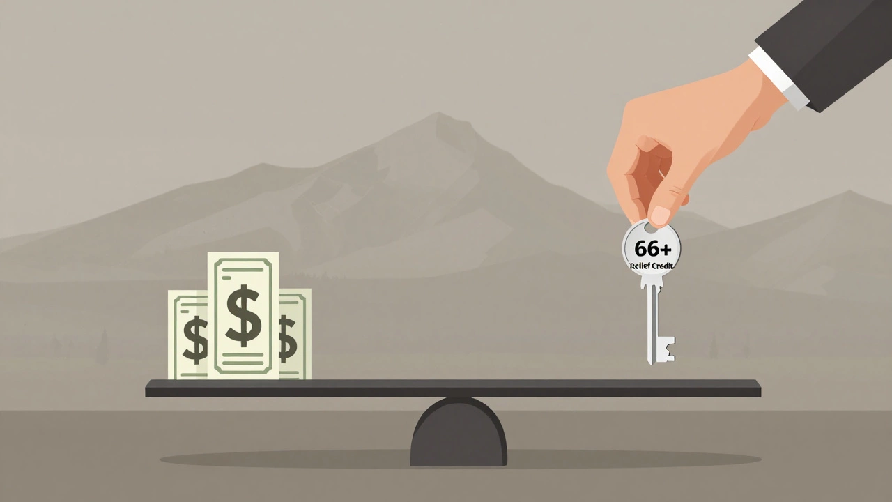 A symbolic balance showing property taxes being offset by a senior relief credit.