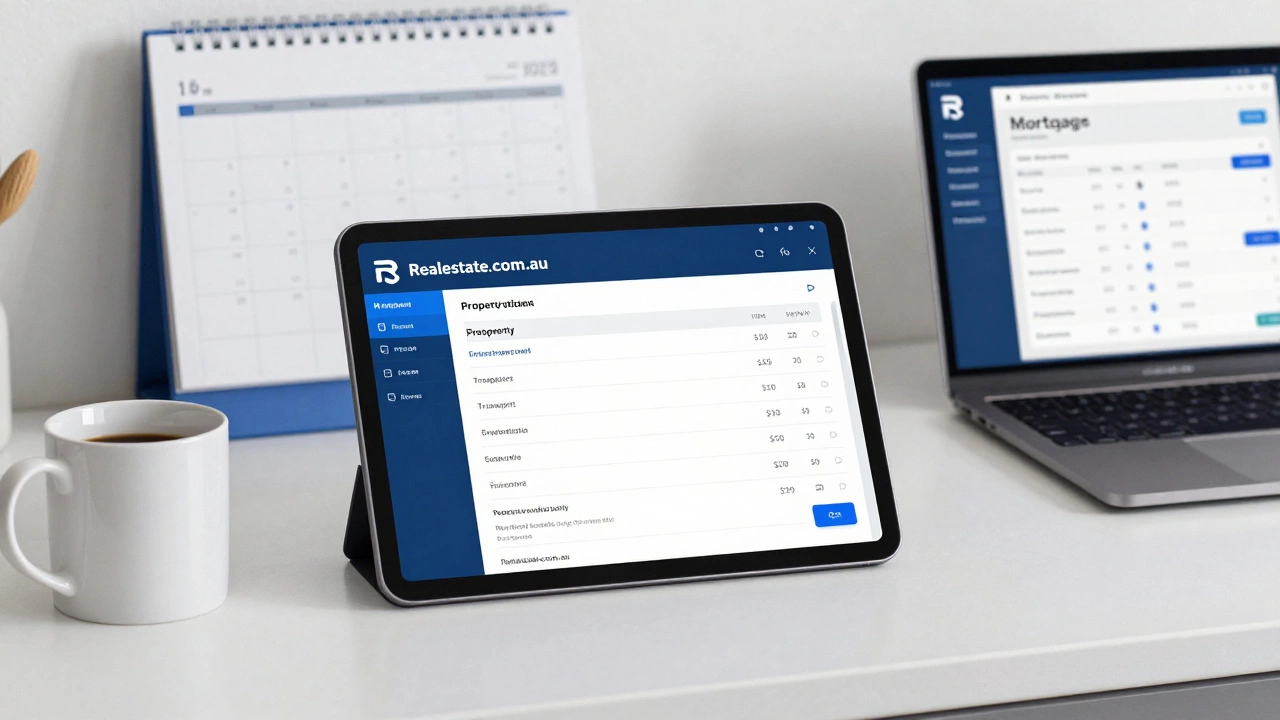 A tablet shows a property listing on a kitchen counter with a coffee mug and mortgage calculator nearby.