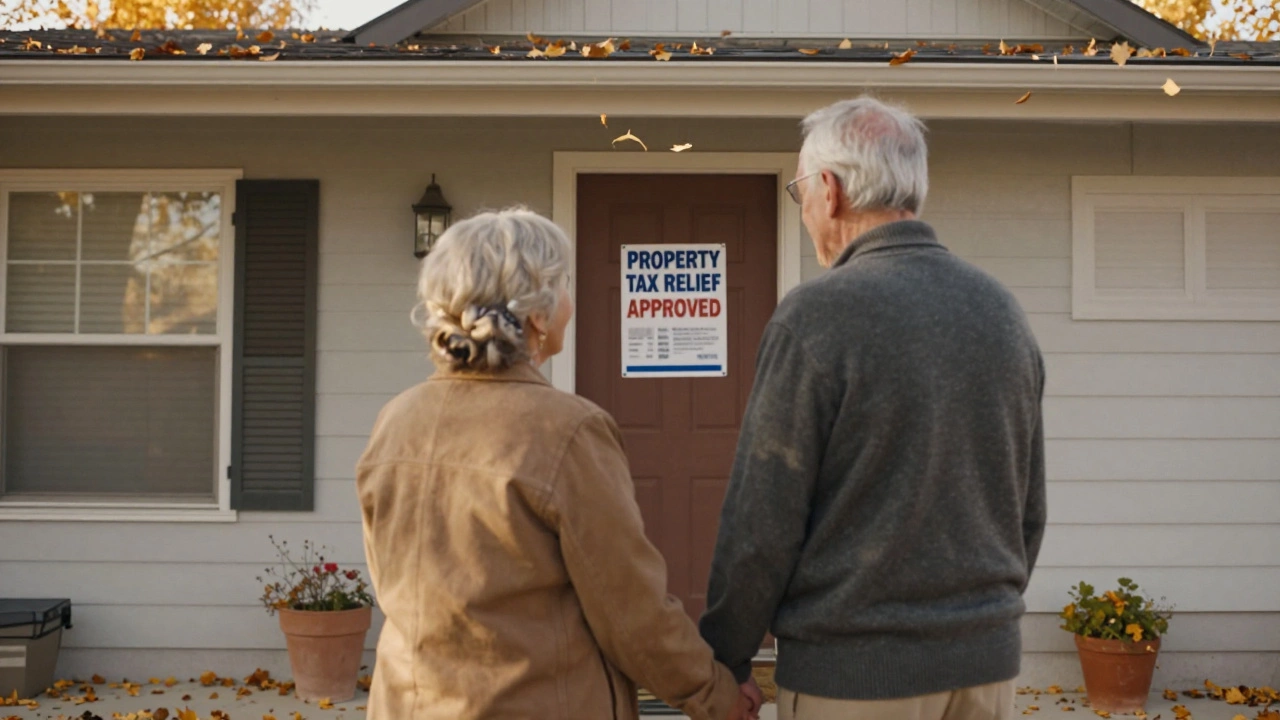 An elderly couple smiling at a property tax relief approval notice on their front door.