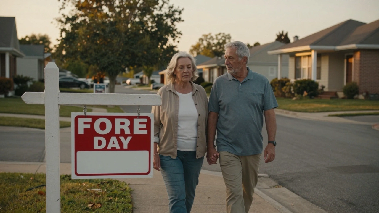 An older couple walks down a quiet suburban street, examining a for-sale sign at golden hour.