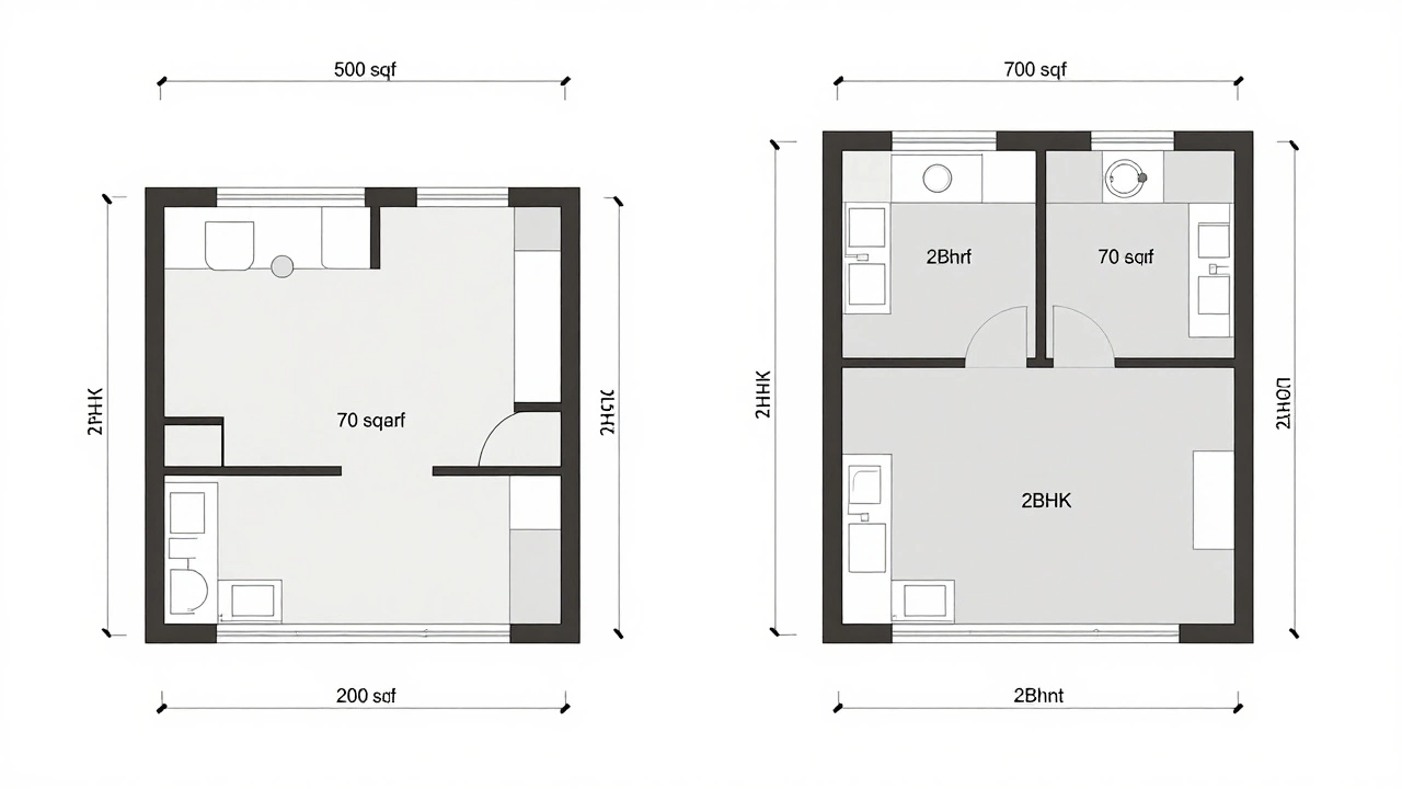 Architectural comparison showing layout differences between 500 sq ft and 700 sq ft 2BHK units.