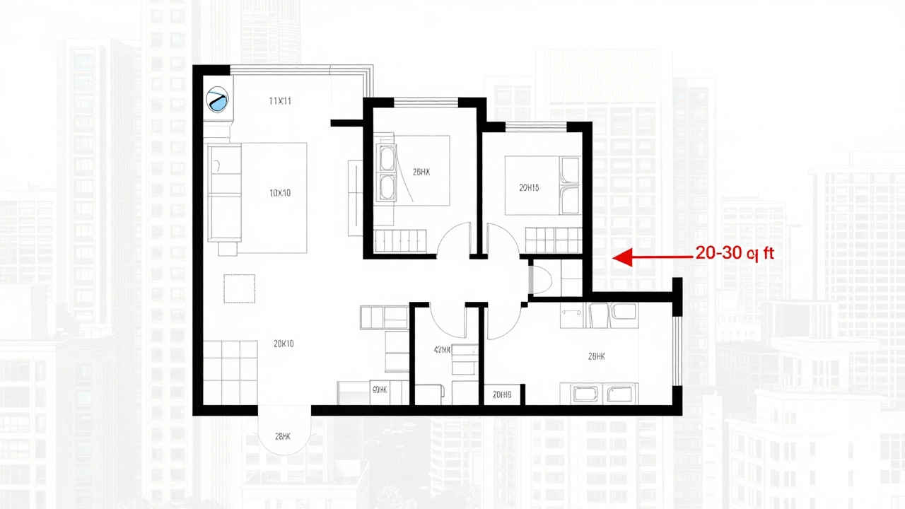 Architectural floor plan showing how smaller bedrooms allow developers to fit more units in a building.