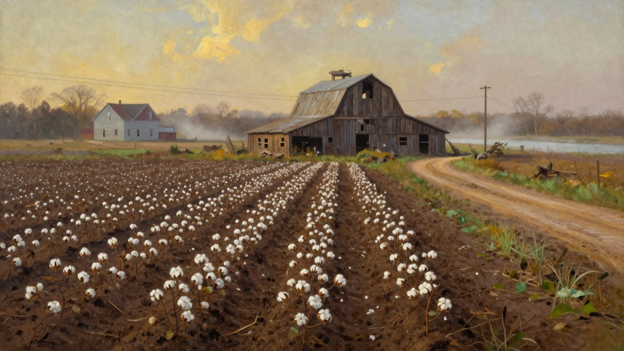 Overgrown cotton fields and a decaying barn in rural Mississippi under golden light.