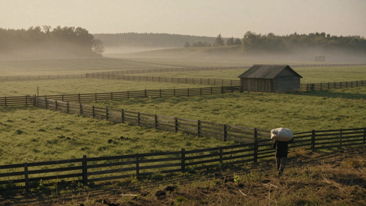 Rural Moldovan farmland at dawn with mist, wooden fences, and a lone figure walking.