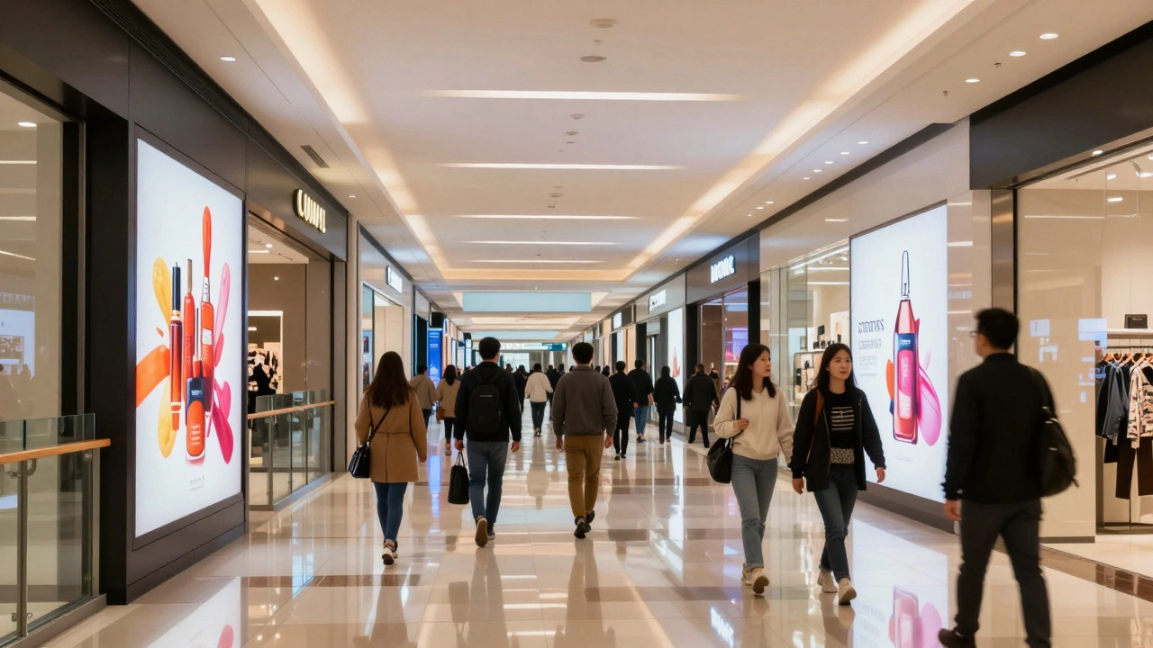 Shoppers walking past digital ad screens in a modern, well-lit mall corridor.
