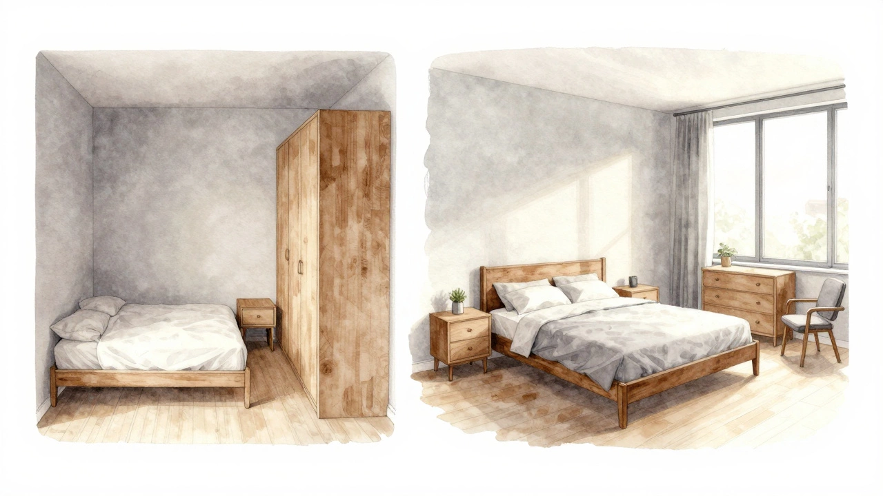 Side-by-side comparison of a cramped 10x10 bedroom versus a comfortable 12x12 bedroom with more furniture and light.
