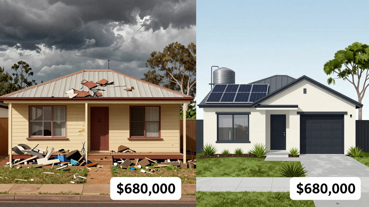 Side-by-side comparison of an aging house with roof damage and a new energy-efficient home with solar panels.