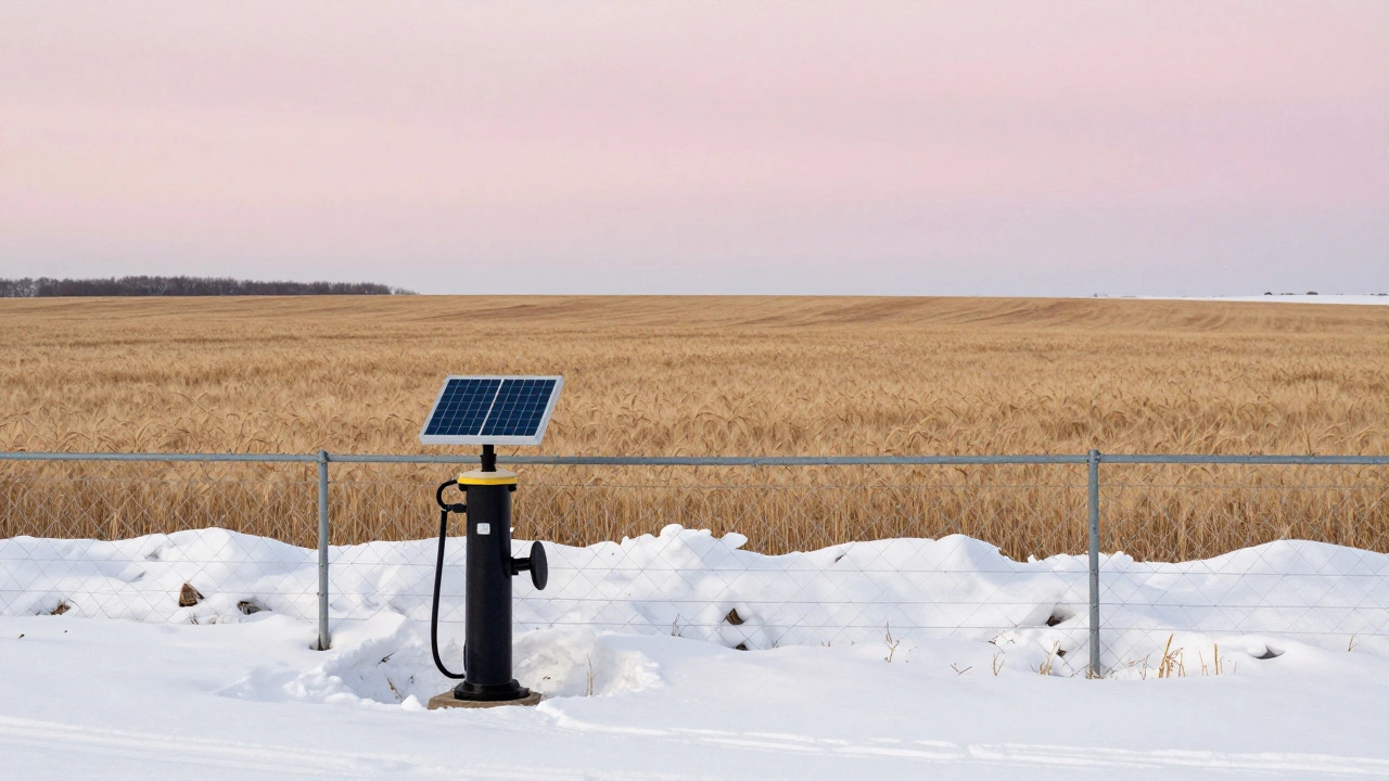 Snow-covered wheat field in North Dakota with a solar pump and distant fence in winter.