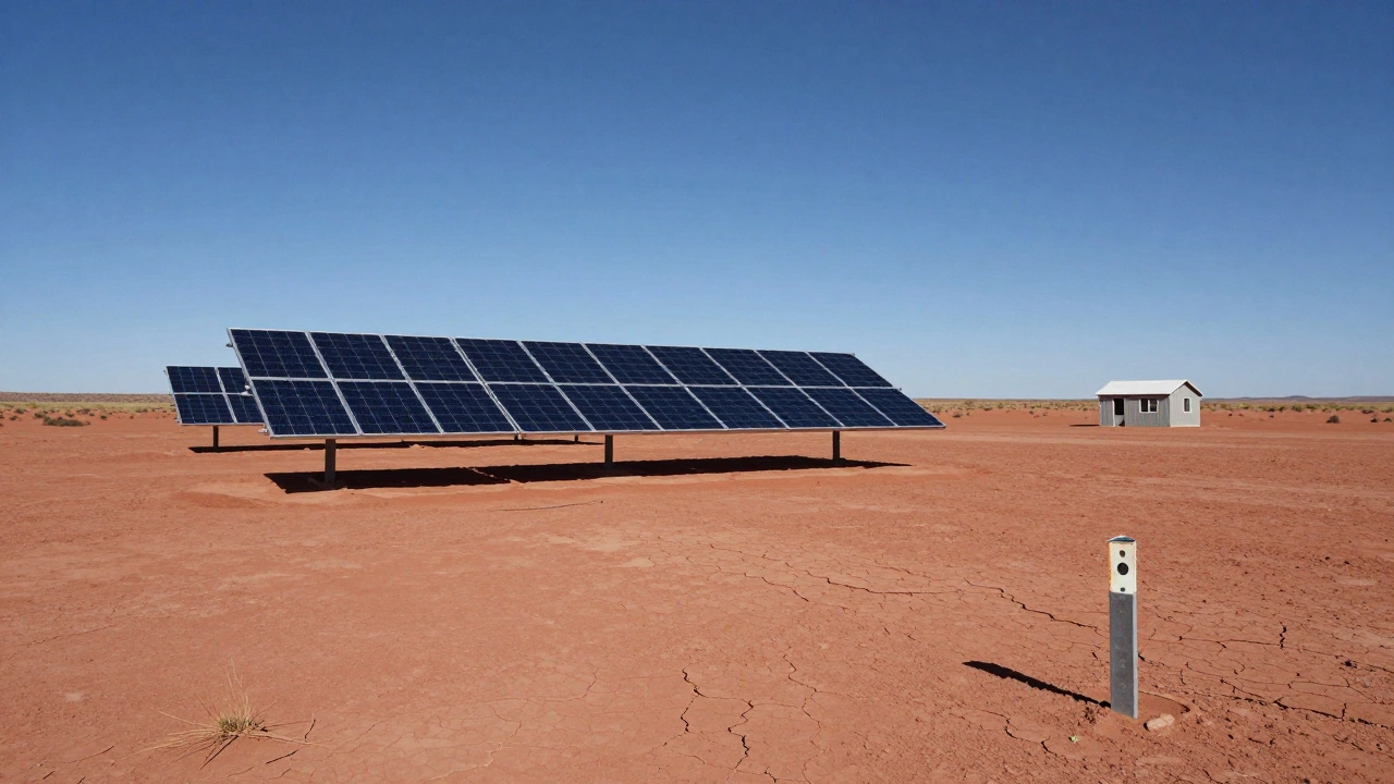 Solar panels on barren desert land in New Mexico with a small off-grid cabin in the distance.