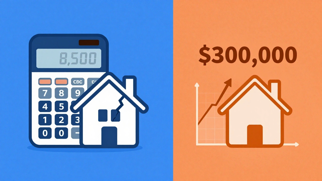 Split-screen concept: left shows financial loss, right shows growing property equity and wealth over time.
