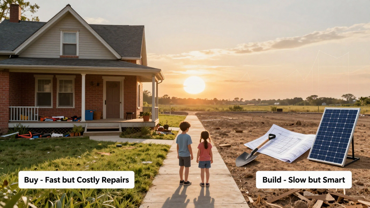 Two paths diverging: one to an old house with repair tools, another to a building site with blueprints and solar panel.