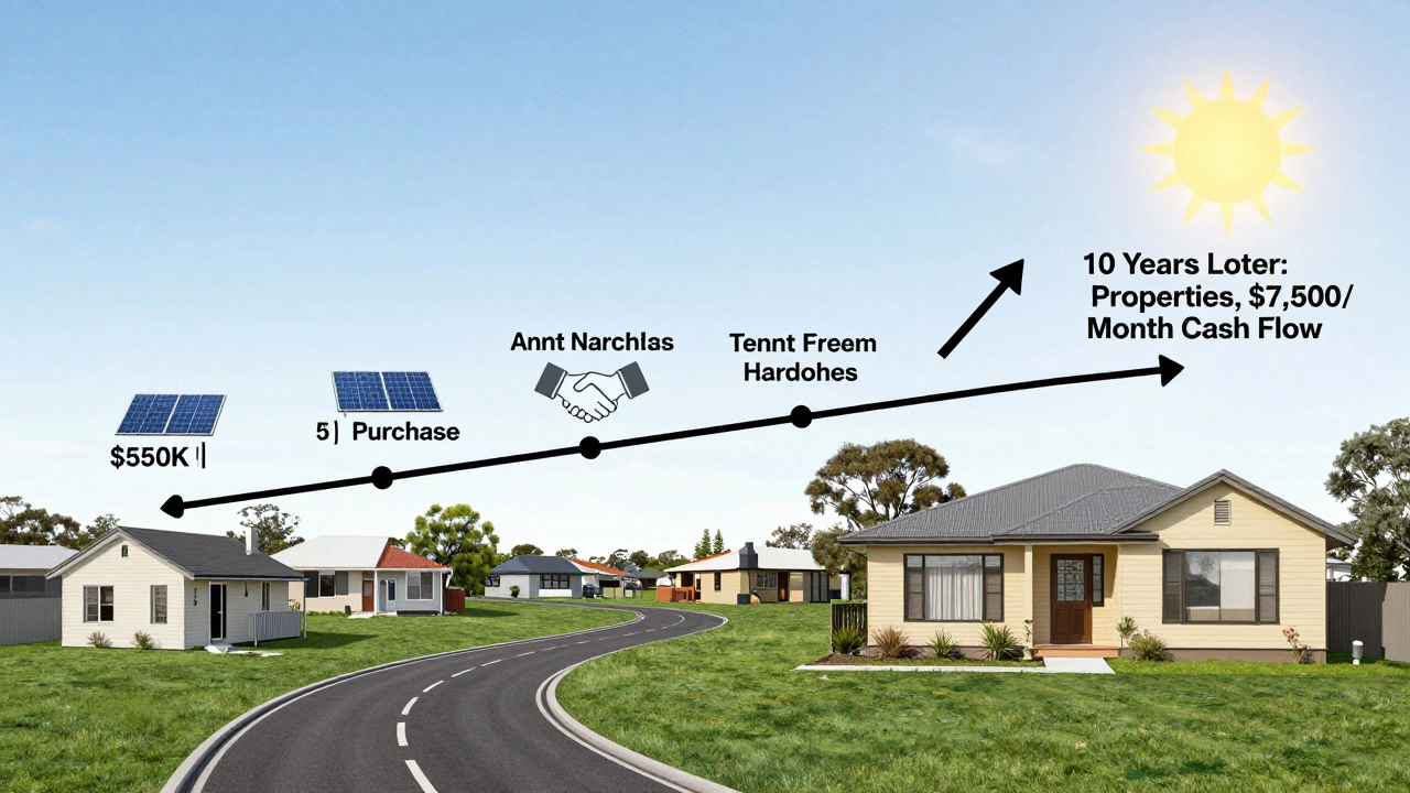 Winding road timeline showing property growth from one house to five rental properties over ten years.