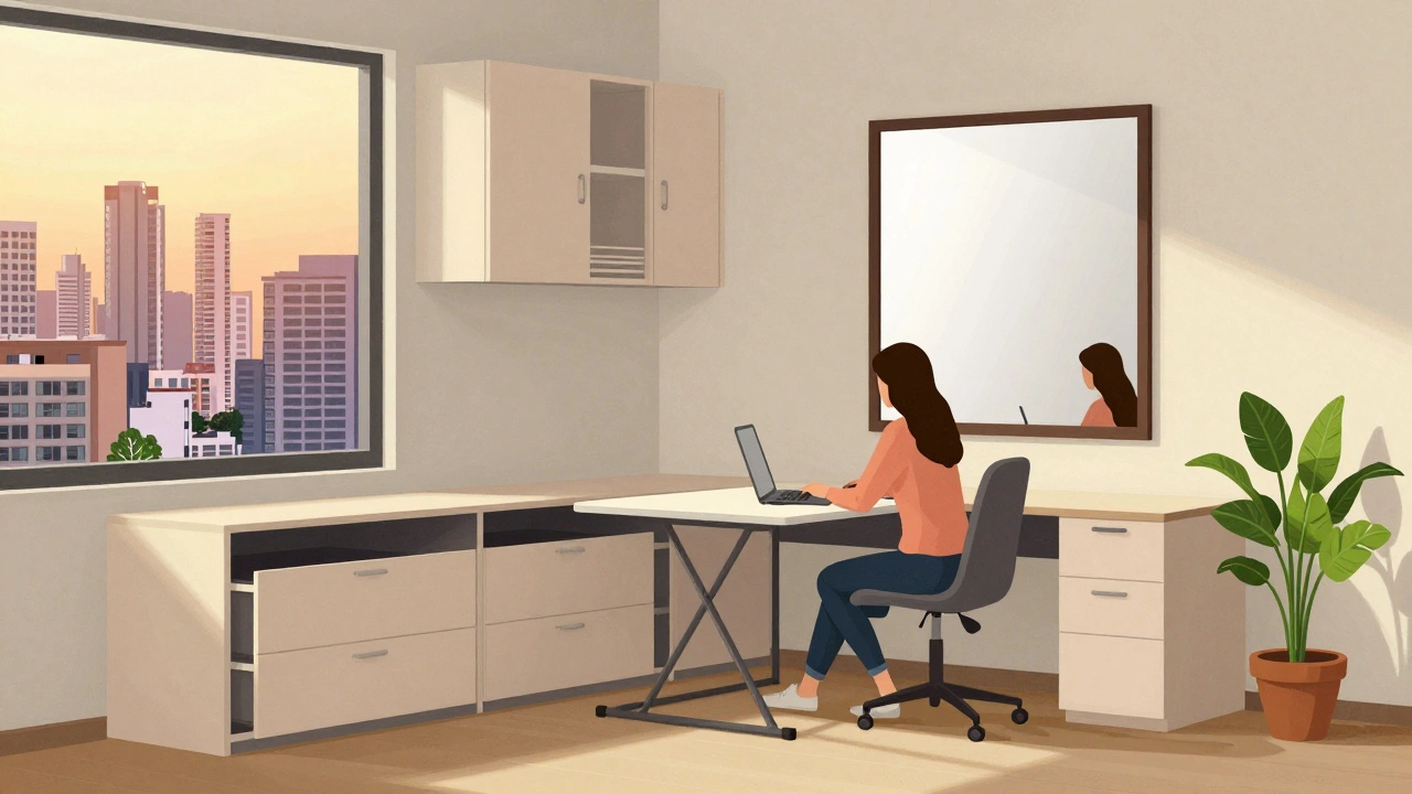 Woman working at a foldable desk in a minimalist 480 sq ft apartment with smart storage and warm lighting.