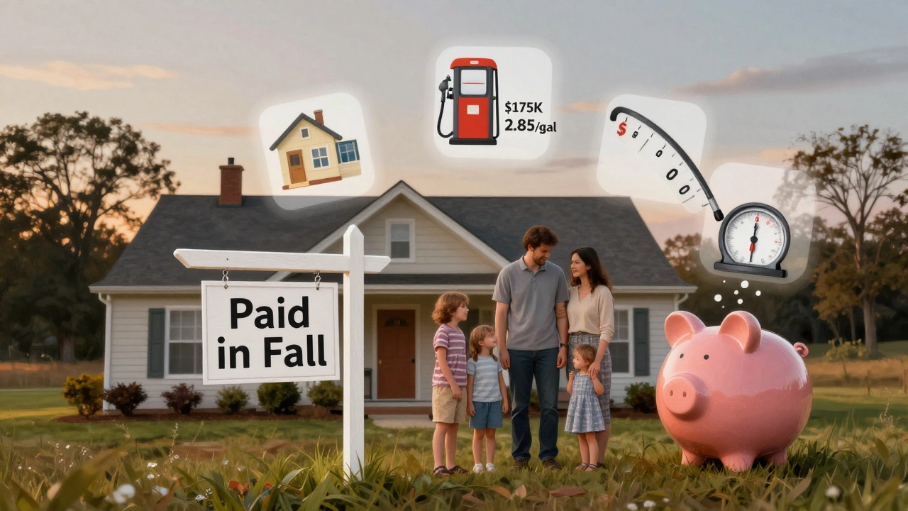 A family beside a home with a 'Paid in Full' sign, surrounded by icons of low living costs in Mississippi.