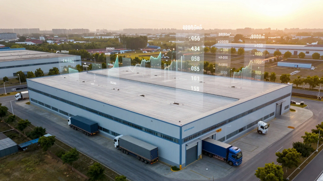 Aerial view of industrial unit with financial metrics floating above it at sunset.