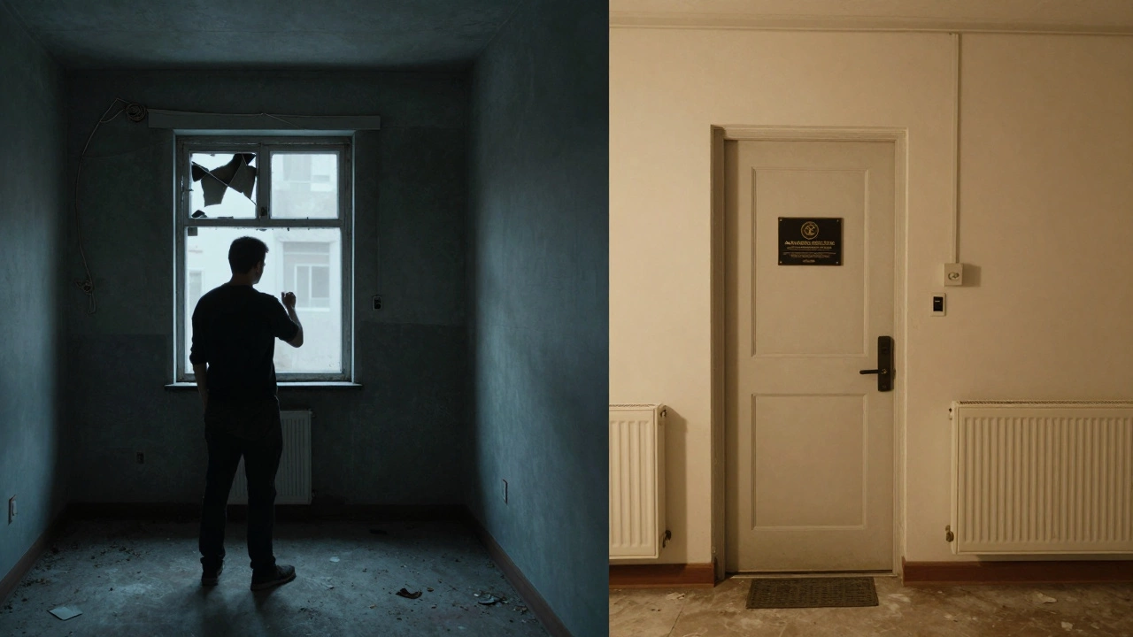 Contrasting images of neglected vs. compliant rental property with registration plaque.