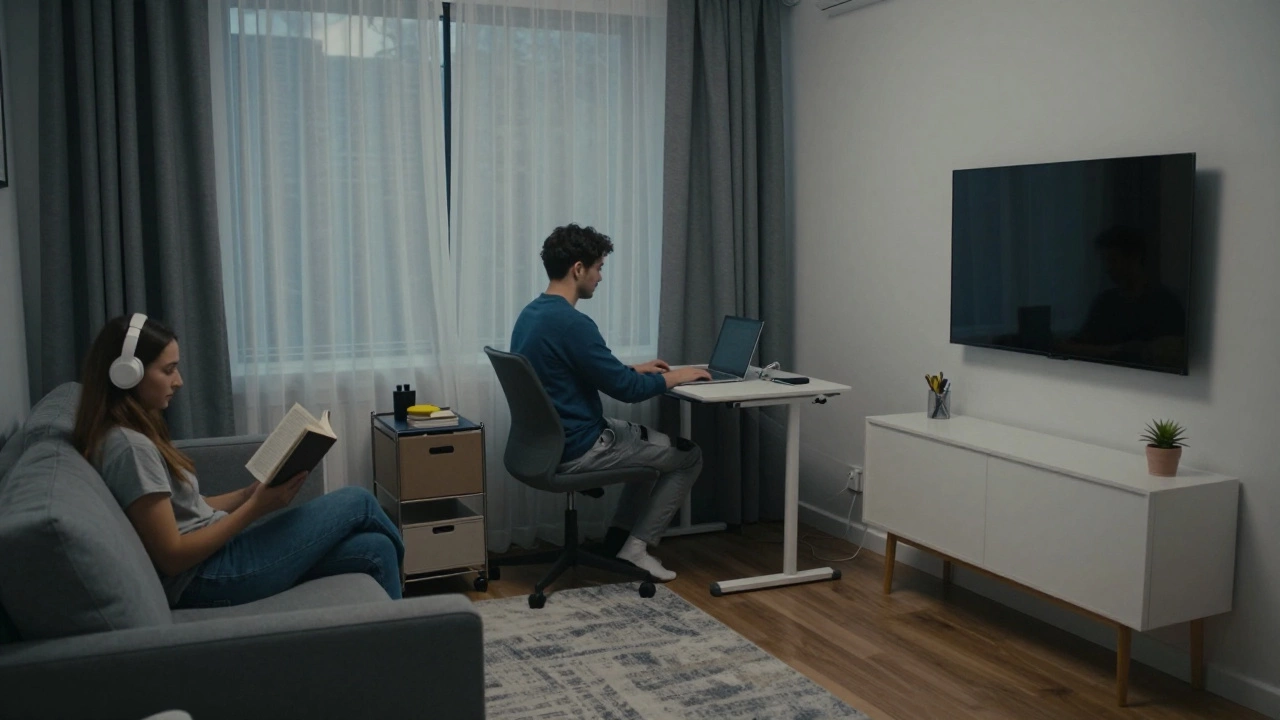 Couple in compact apartment: one working at fold-down desk, other reading with headphones, soft lighting, minimal furniture.