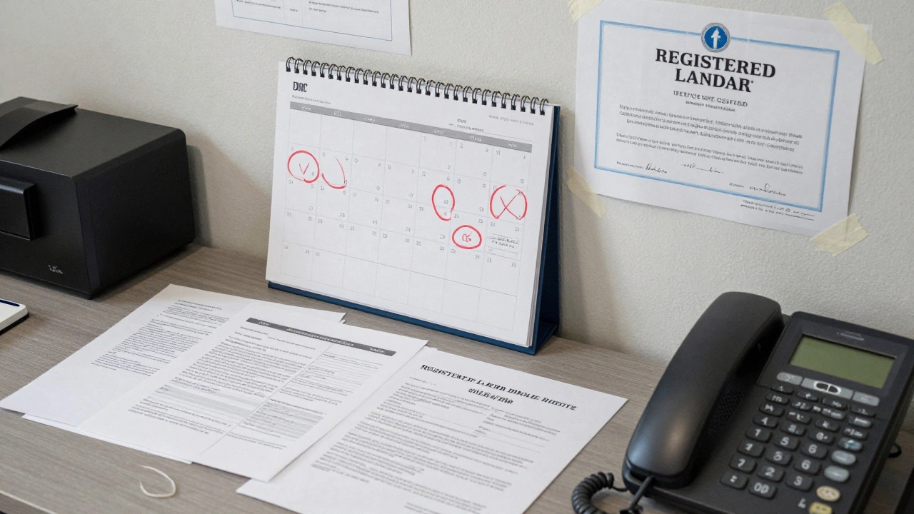 Desk with rental property papers, renewal calendar, and DHCD registration certificate.
