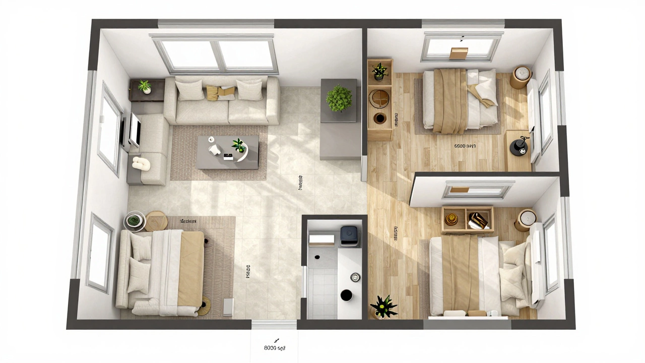 Floor plan of efficient 800 sqft 2BHK apartment with labeled rooms, large windows, and smart storage solutions.