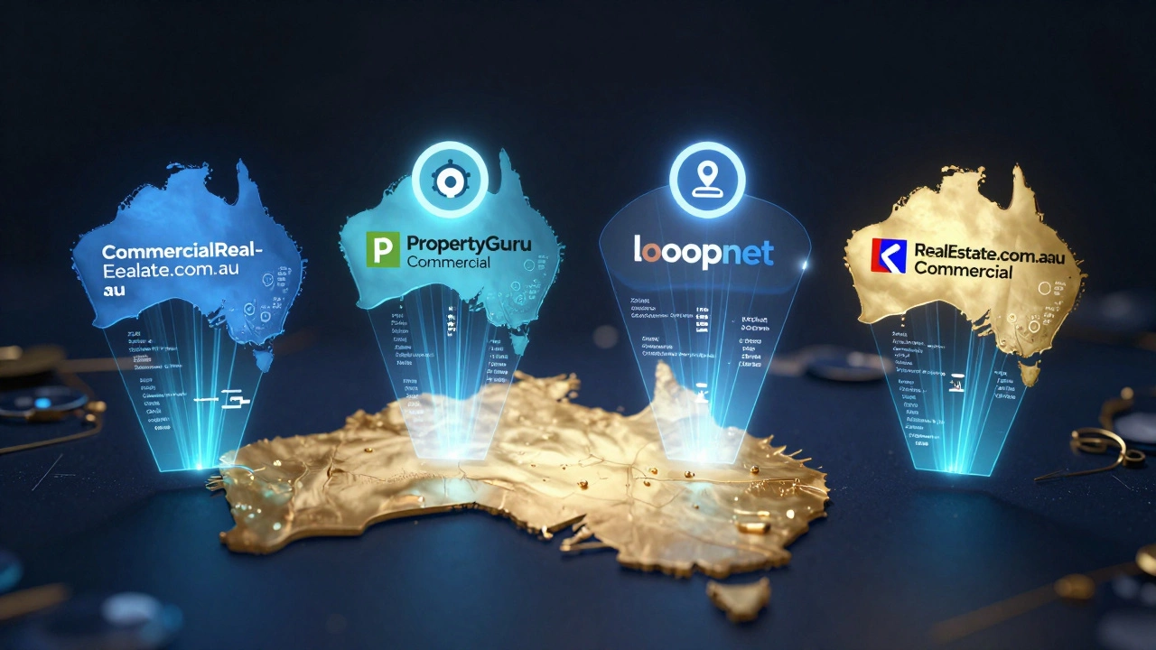 Four real estate platforms as holograms over Australia with data layers