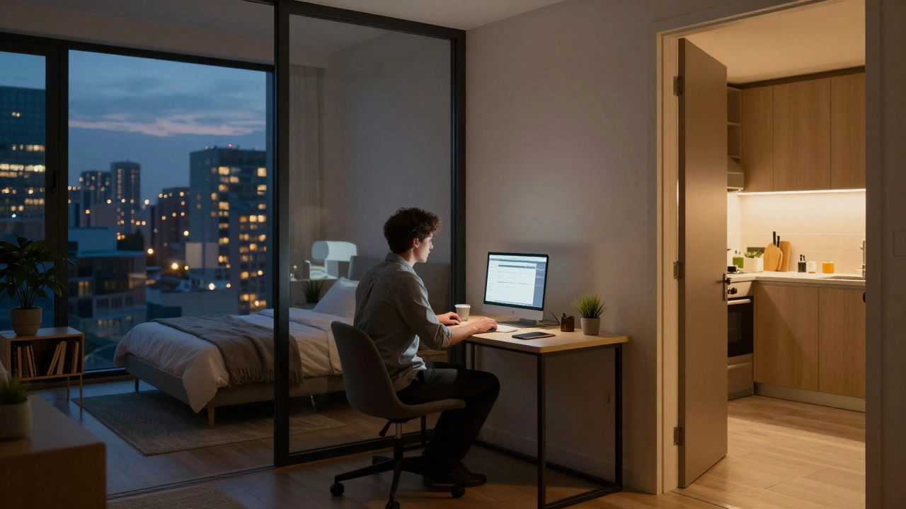 Remote worker in a well-lit T2 apartment with bedroom and living area visible in the background.
