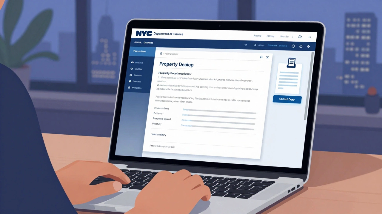 Someone viewing a property deed PDF on a laptop screen with NYC skyline in background