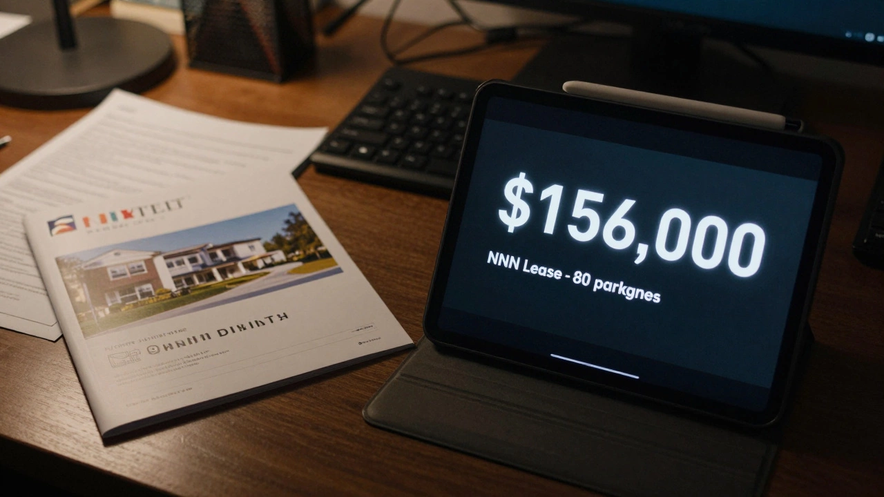 Split-screen: cluttered desk vs. tablet playing a commercial property pitch with key data.
