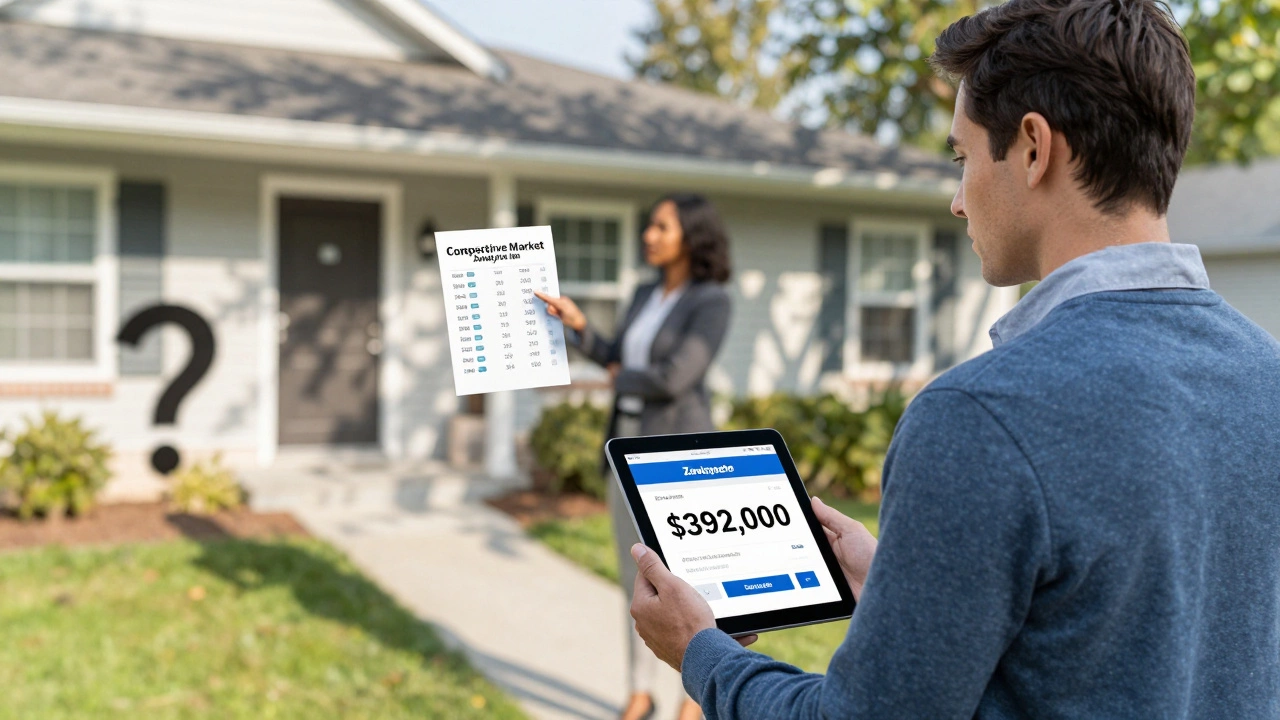 A buyer comparing a Zillow estimate on a tablet to a real estate agent holding a market analysis report.