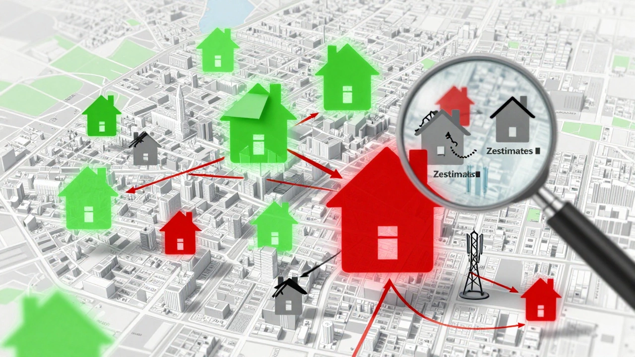 A city map with colored home icons showing accurate and inaccurate Zestimates in different neighborhoods.