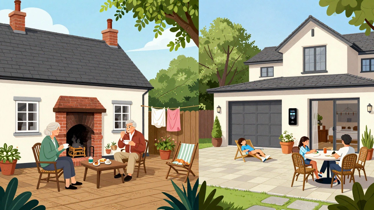 A conceptual split scene showing cottage charm on one side and villa convenience on the other.