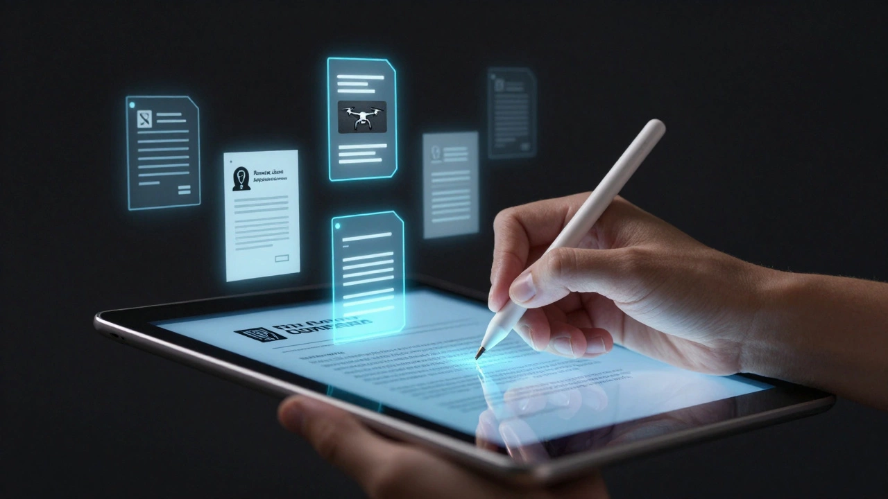 A hand signing a digital contract with floating icons of home-buying steps like inspections and blockchain.