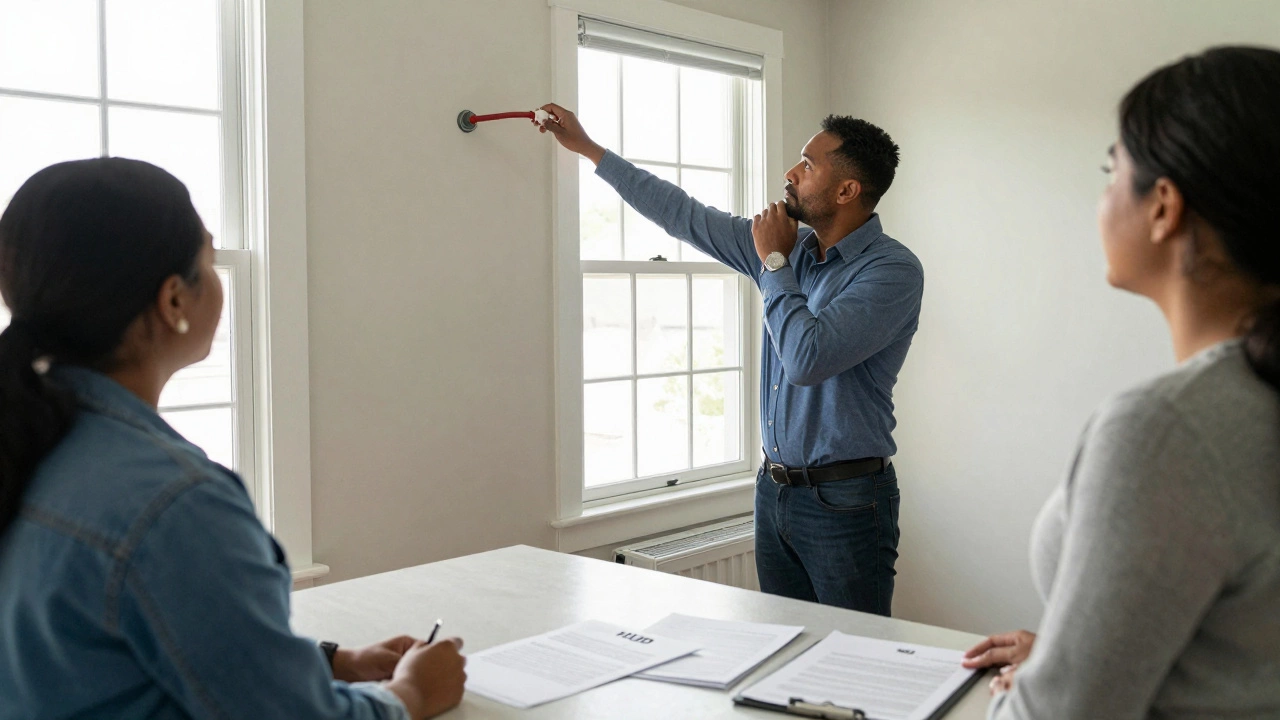 A landlord and housing officer inspecting an apartment for Section 8 compliance in Virginia.
