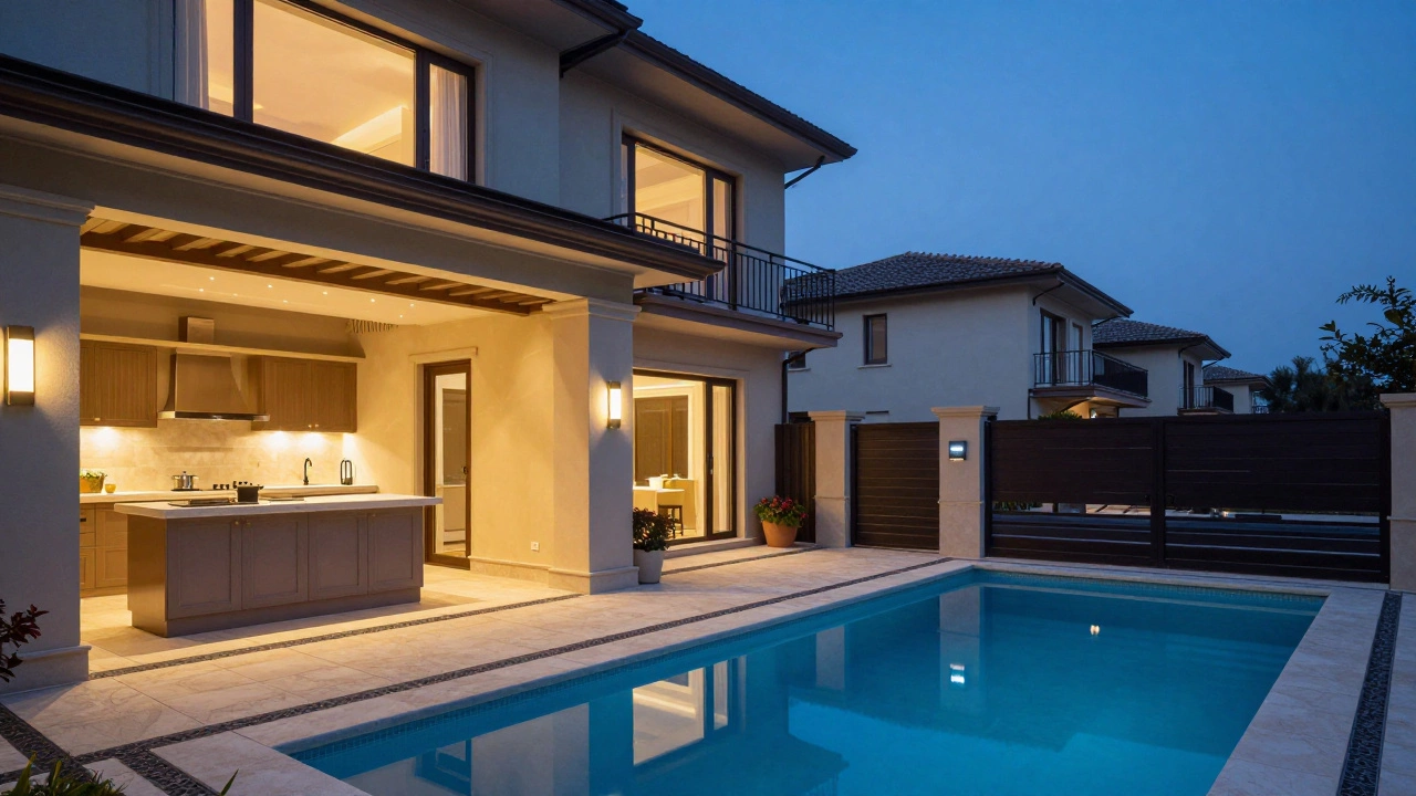 A luxurious villa exterior at twilight with ambient lighting, automated gates, and a maintained pool in a low-density neighborhood.