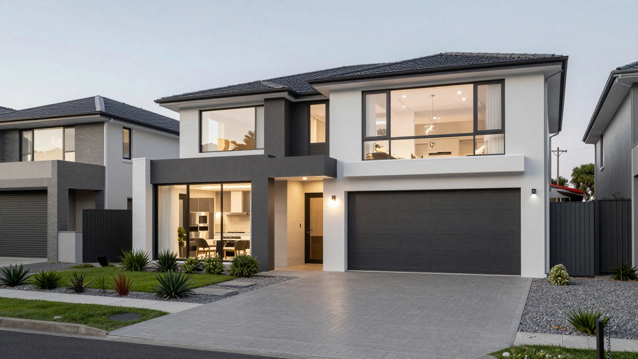A modern Australian villa with double garage and low-maintenance backyard in a suburban neighborhood.