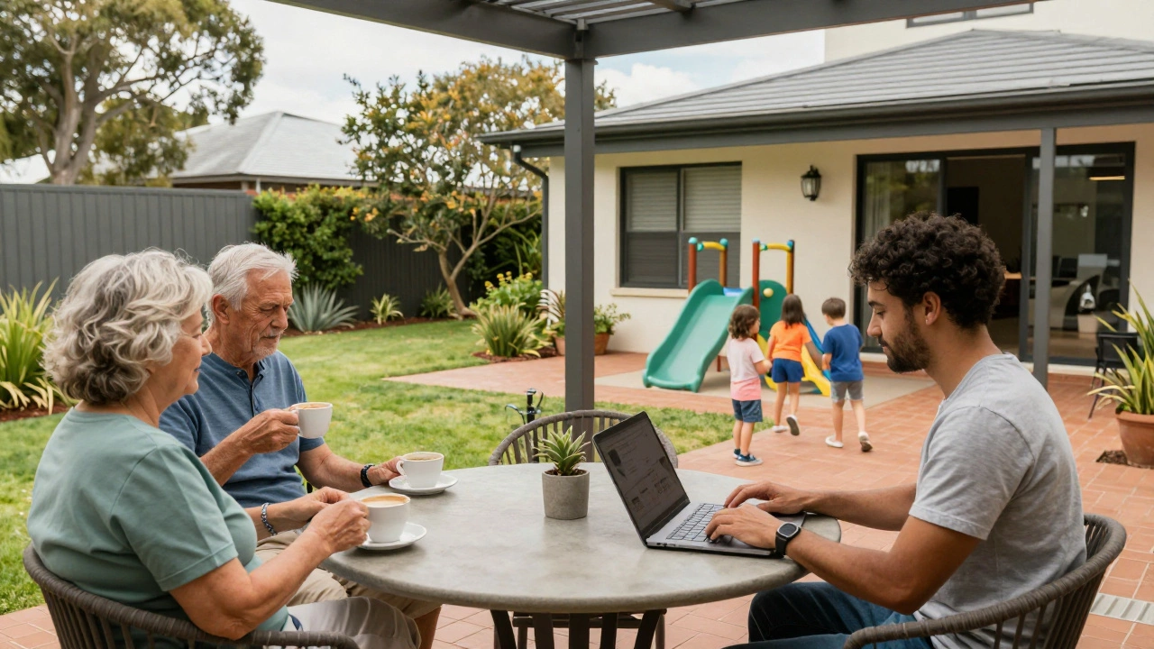 A retired couple, remote worker, and young family enjoying different aspects of villa life in a quiet, well-designed community.