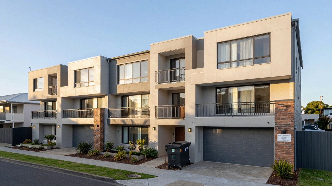 A row of multi-level townhouses with shared walls and small balconies in an urban setting.