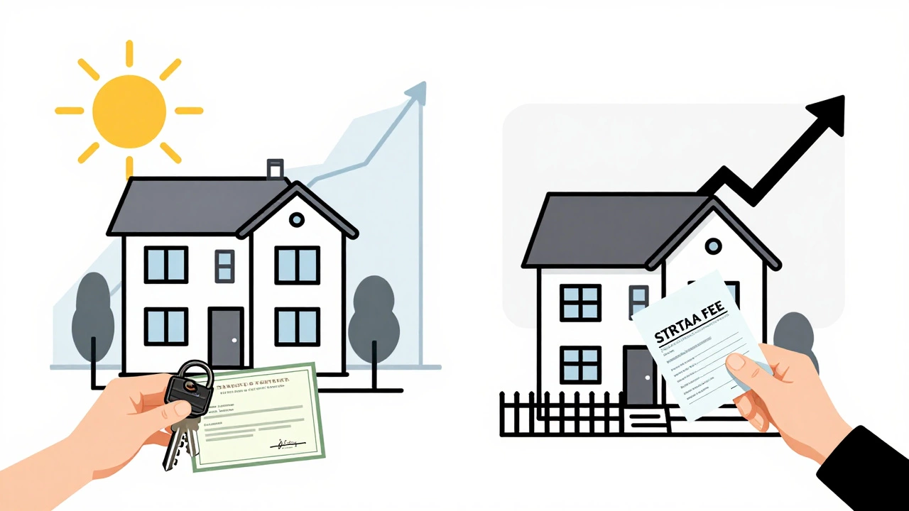 Illustration comparing freehold villa ownership with strata townhouse fees and shared responsibilities.