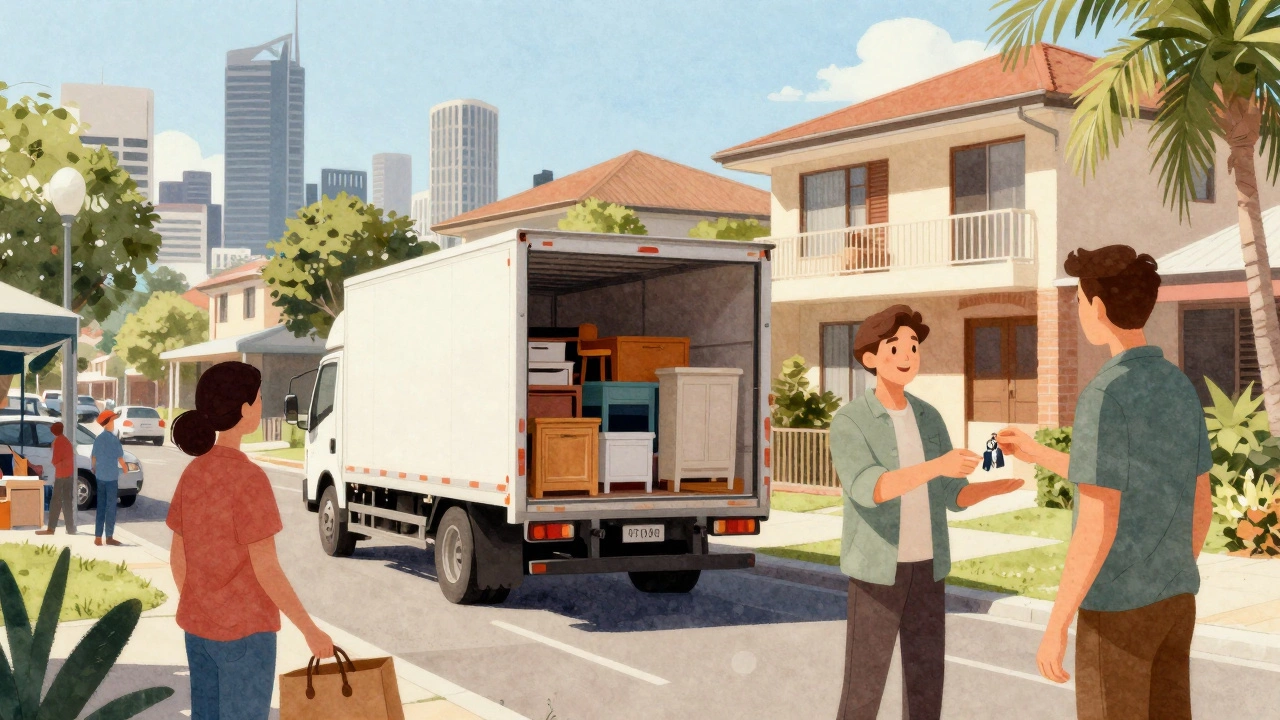 Rental property in Brisbane with tenants moving in, busy urban scene