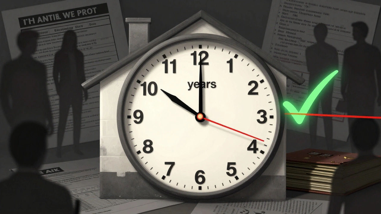 A house-shaped clock with six years glowing green and a red line beyond, symbolizing tax exemption limits.