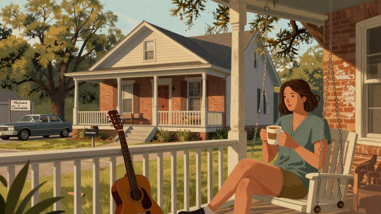 A person on a porch swing in Clarksdale, Mississippi, with a brick bungalow and guitar nearby at golden hour.