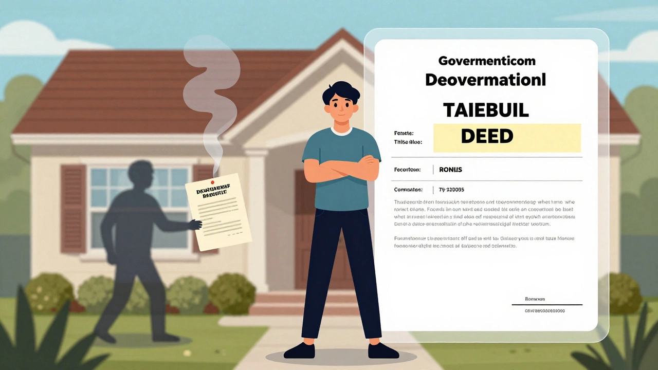A person with a digital title certificate overlay, while a forged deed vanishes, showing the power of registered ownership.