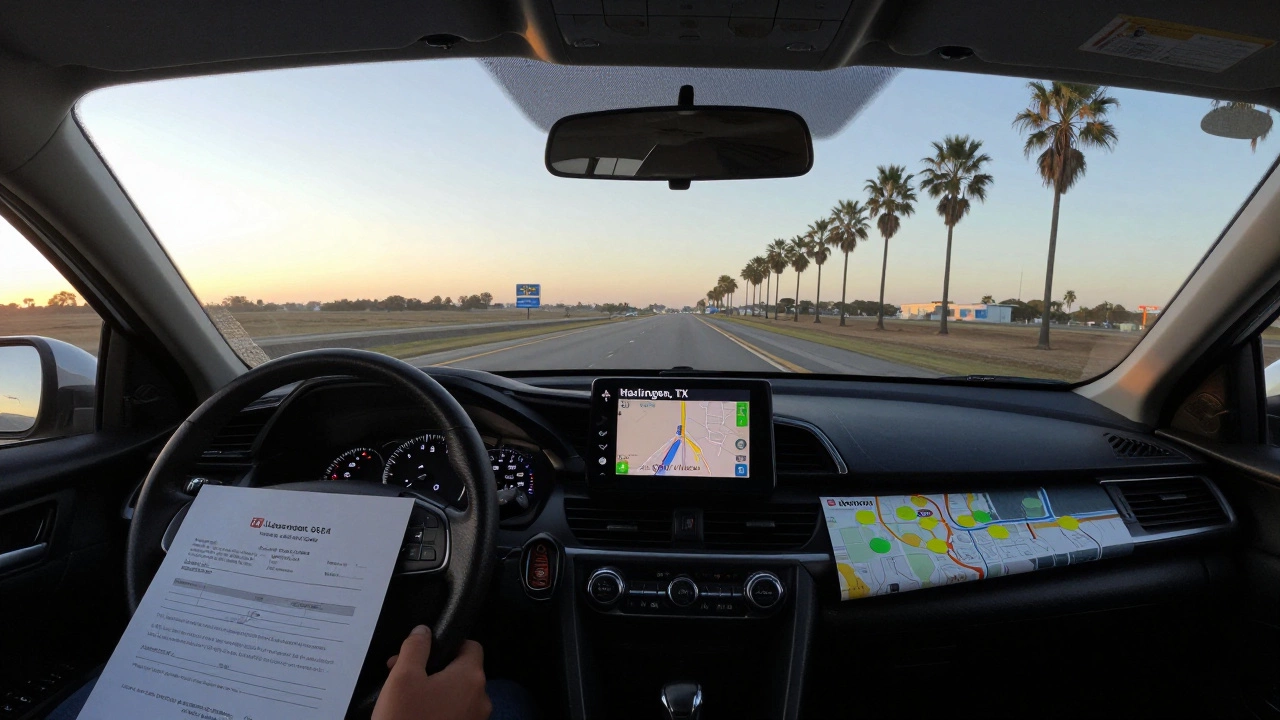 Car dashboard view showing Harlingen, TX, with rent and utility costs displayed, sunrise lighting, and a used car key on the seat.