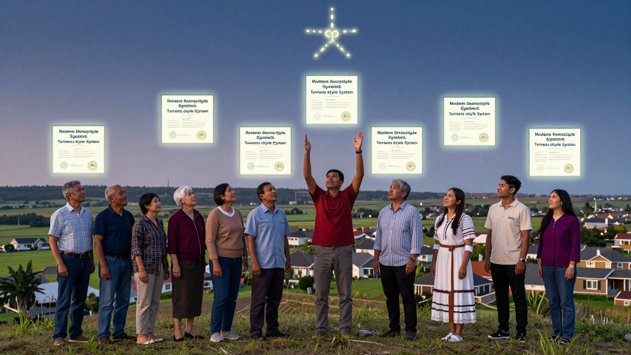 Diverse people on a hill with floating digital title certificates above homes, representing secure, recognized property rights.