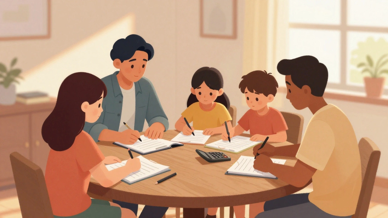 Family sitting at table organizing housing application documents.