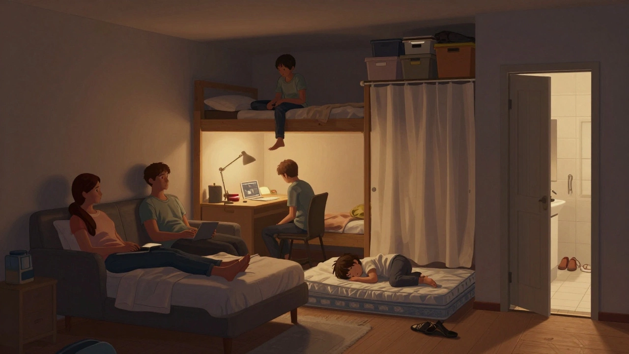 Four people sleeping in a cramped apartment with shared spaces and minimal privacy at night.