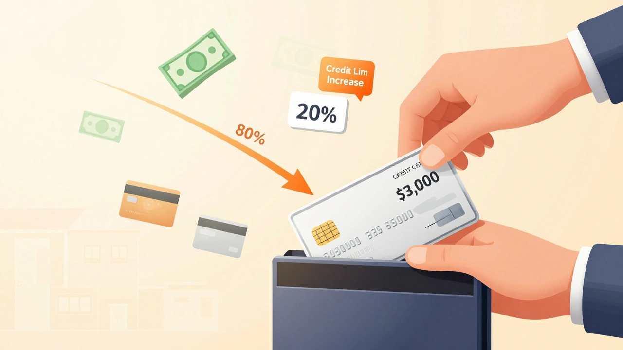 Hand paying down credit card balance, showing utilization dropping from 80% to 20%.